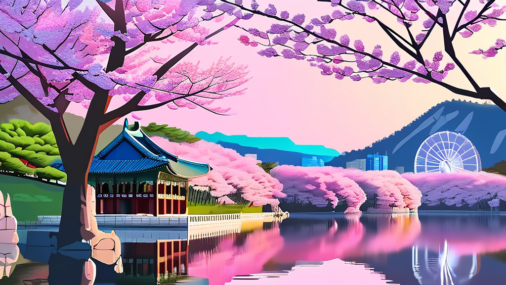 보문단지 & 황룡원: 경주의 대표 벚꽃 명소 (illustration 스타일)